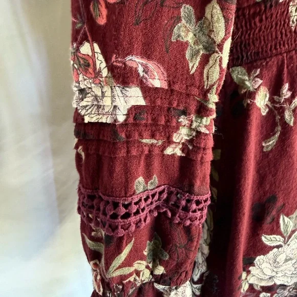 American Rag Burgundy Floral Long Sleeve Smocked Waist Mini Dress Peasant Boho - Picture 6 of 11